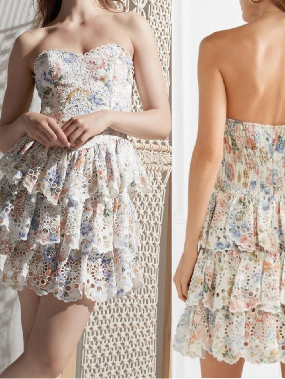 Zimmermann Bowie Ruffle Mini Dress Strapless Floral Linen Broderie Anglaise